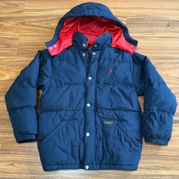 Polo Ralph Lauren Navy Blue/Red Kids Puffer Hooded Jacket - SZ M 10/12 - Picture 1 of 9